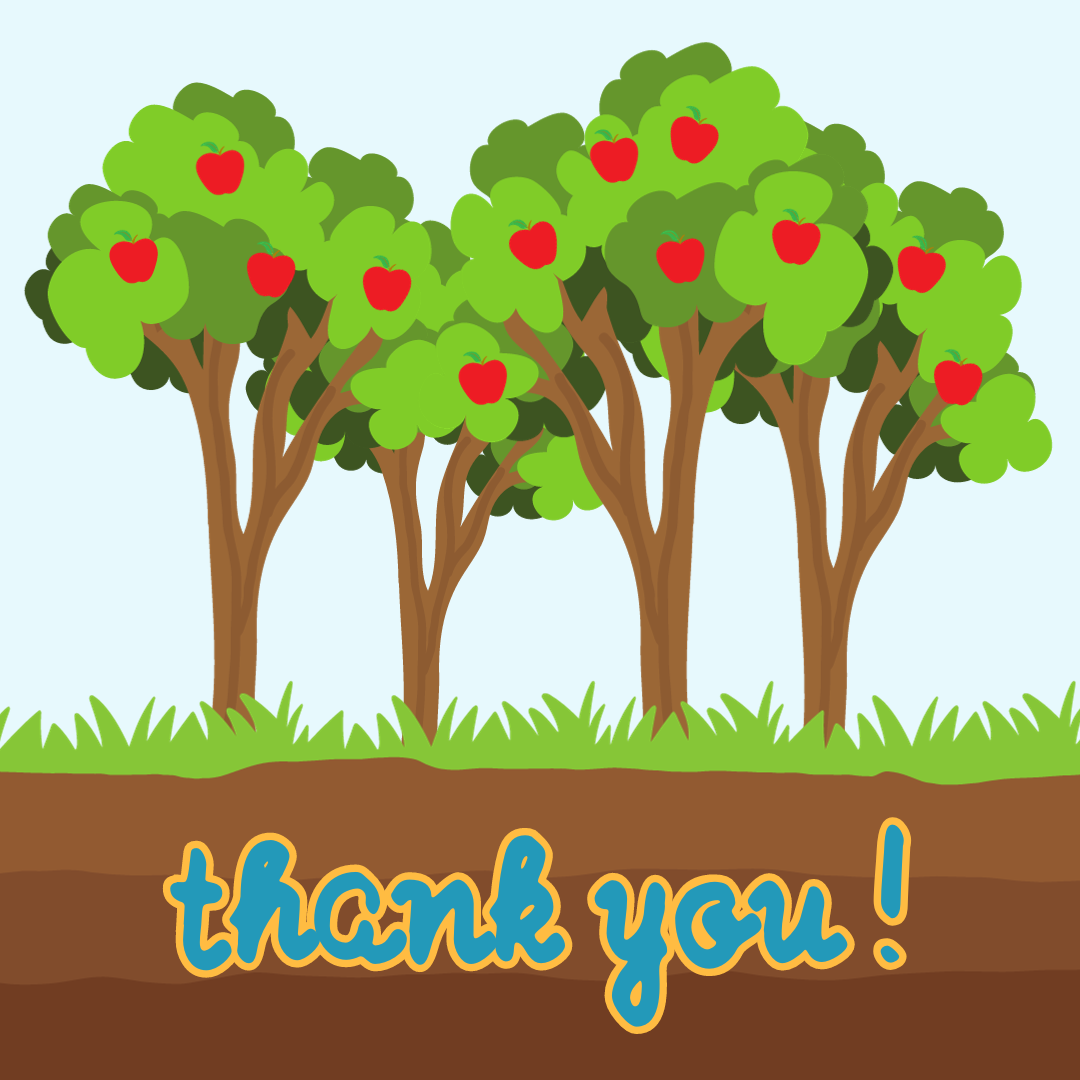 Graphic of apple trees that says "thank you!"
